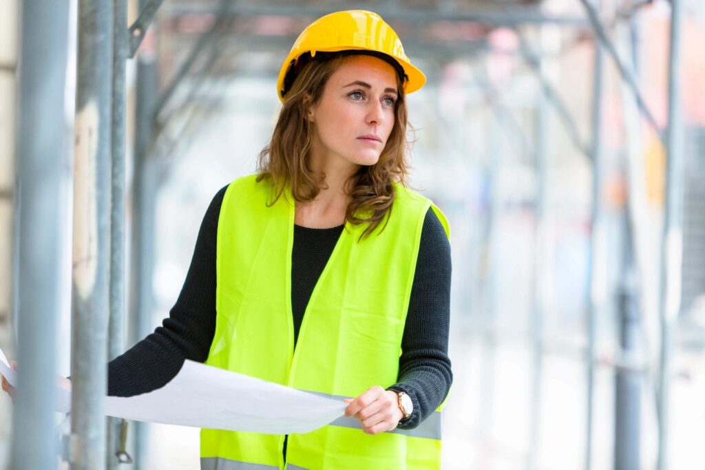 Woman in hard hat and high-visibility vest reviewing building plans for project management on a construction site.