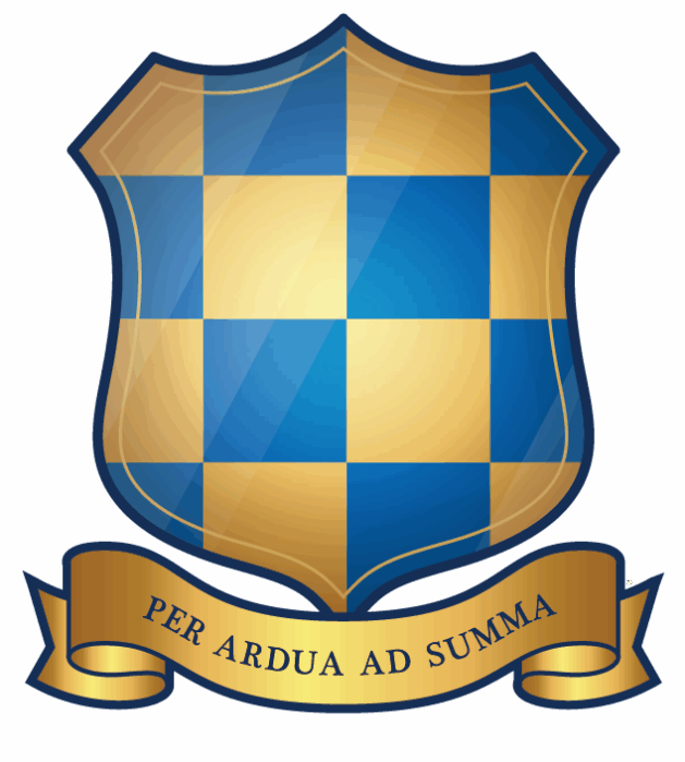 School crest featuring a blue and gold shield with the Latin motto ‘Per Ardua Ad Summa’.