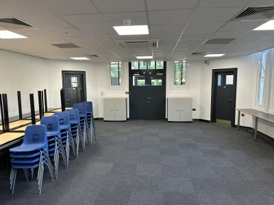 Versatile teaching space at Fort Pitt Grammar School showing upgraded lighting, carpet, and breakout area for student use.