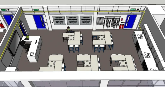 Side-angle 3D render of a refurbished science lab including student workstations, lab storage, and accessible entryways.