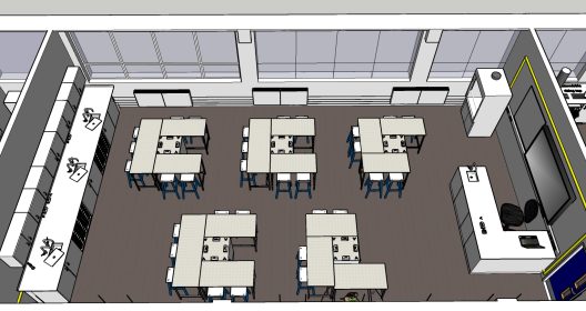 Bird’s-eye 3D view of a modular science lab with grouped workstations, integrated services, and large windows providing natural light.