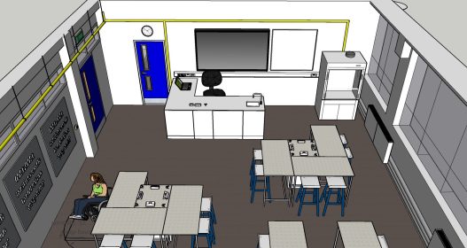 3D visual of a modern science classroom showing teacher’s workstation, whiteboards, and front-facing layout with accessible design elements.
