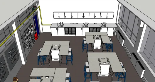 3D render of lab interior with grouped seating, wall cupboards, and fitted gas/water stations.