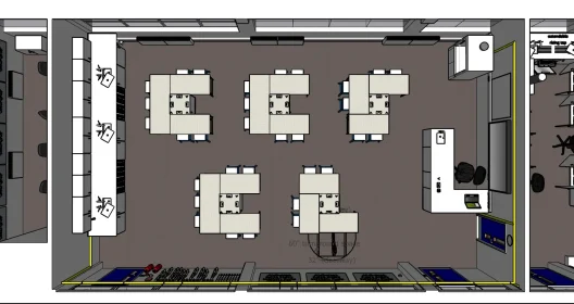 Top-down layout render of the science lab showing grouped worktables and teaching zones.