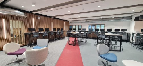The Thomas Aveling School - Case Study - Refurbished sixth form learning centre with modern workstations, high chairs, and collaborative study spaces.